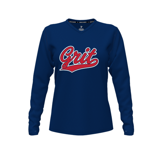 [CUS-DFW-TEES-CMF-VNK-LSL-NVY-FYXS-LOGO2] Decker Comfort T-Shirt (Female Youth XS, Navy, V Neck, Logo 2, Long Sleeve)